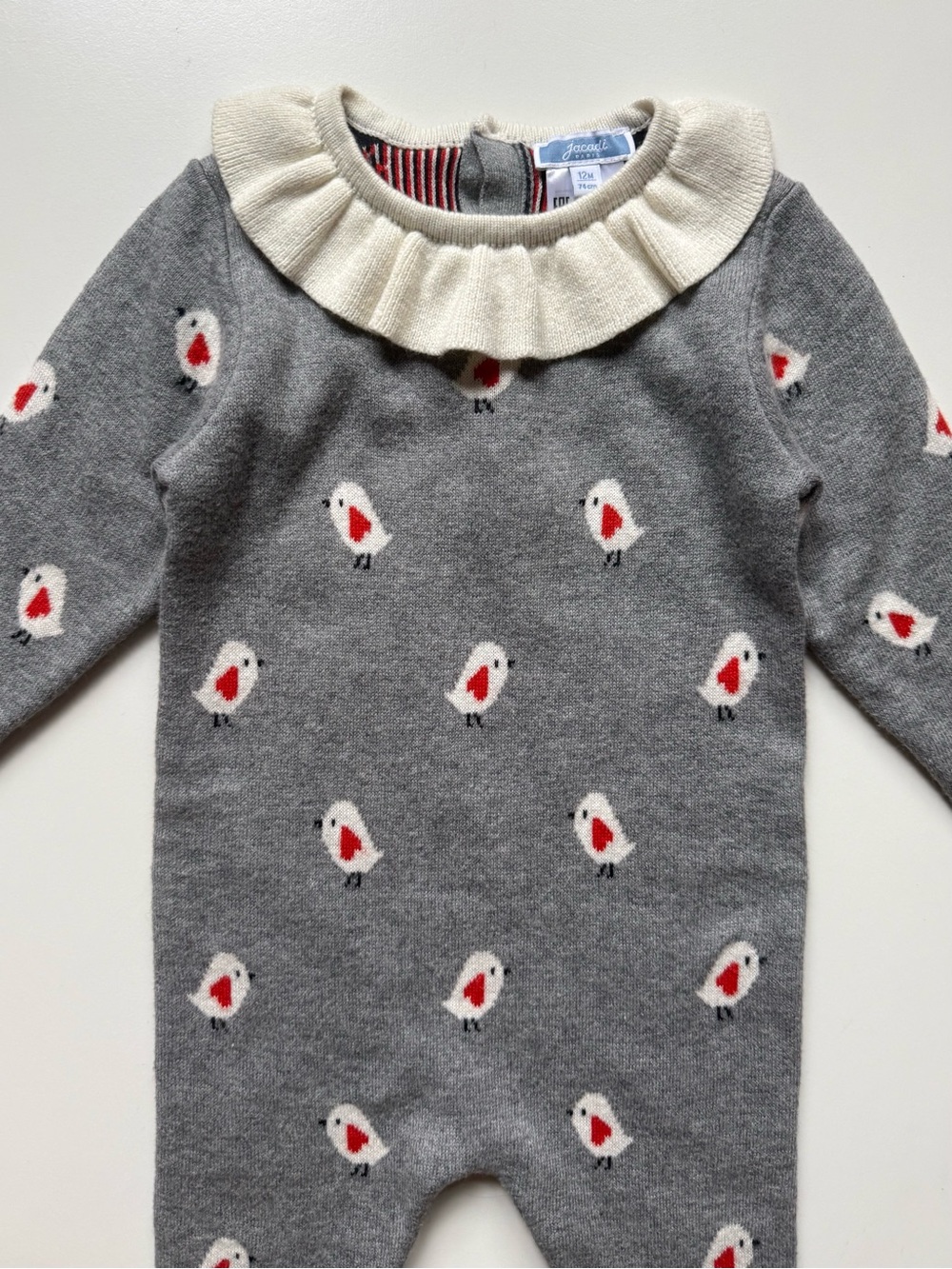 Jacadi Gray Knit One-Piece w/ Ivory Ruffle Collar & Valentine Bird Pattern - 12M - Picture 2 of 15